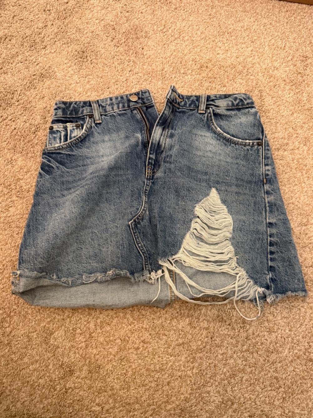 Topshop Distressed Blue Denim Mini Skirt